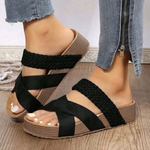 Shein Black Braided Suede & Faux Cork Sandals
